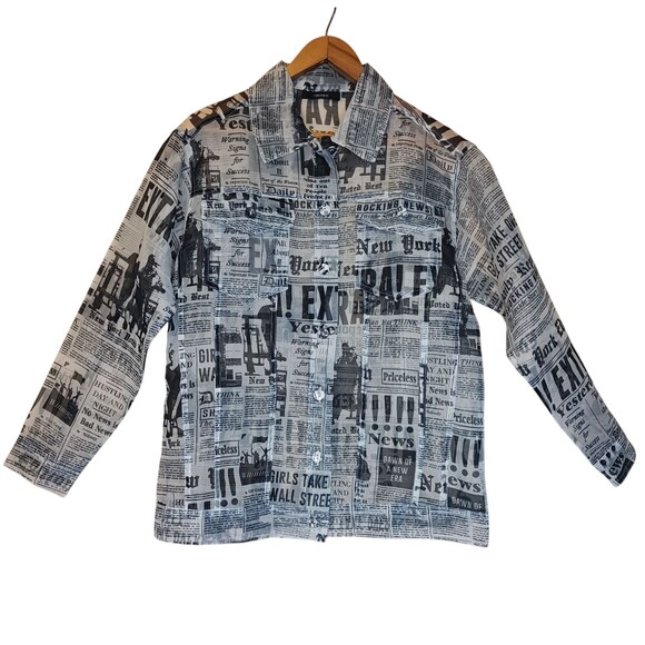 Forever 21 Shirt Womens Medium Black White Newsprint Button Up Sheer Blouse Top - Picture 1 of 12